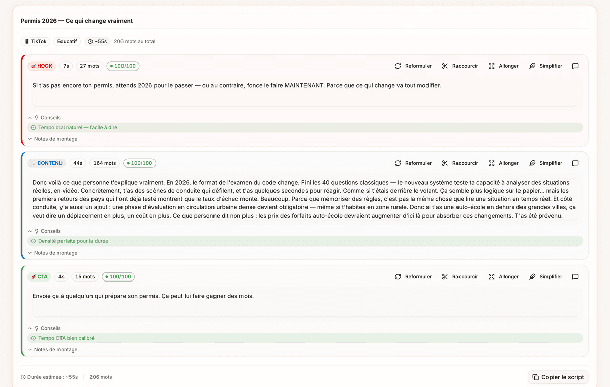 Aperçu de la fonctionnalité Scripts IA — Vervox