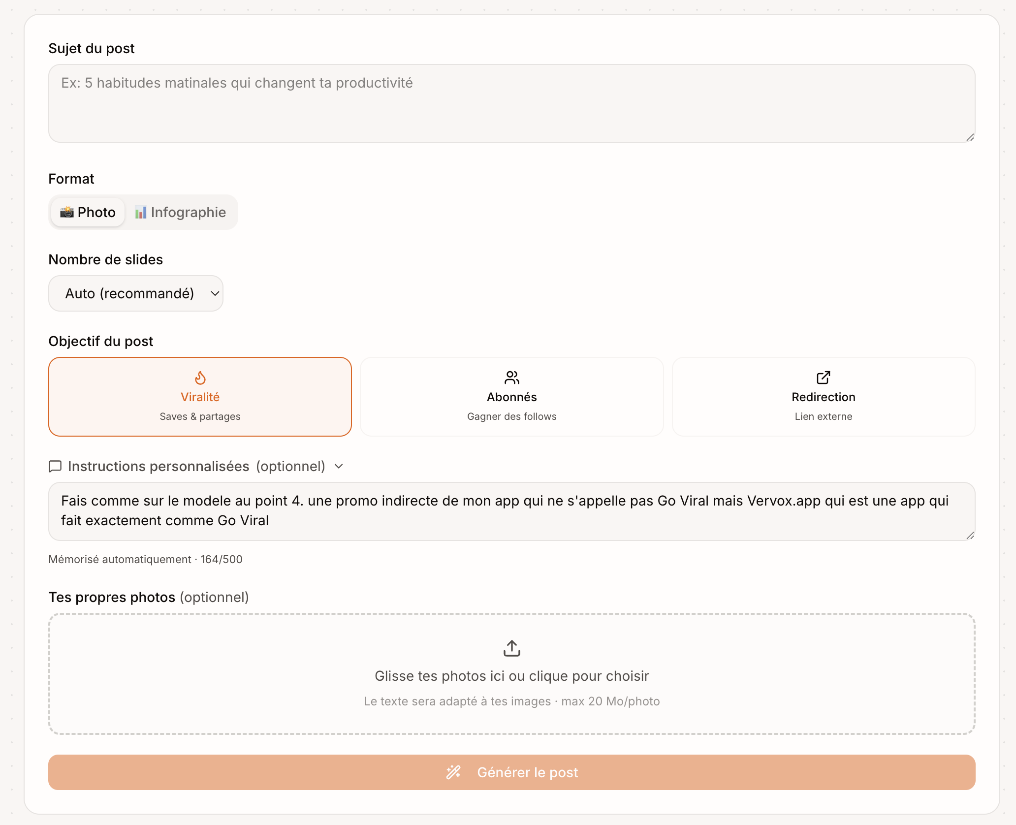 Capture d'écran de la fonctionnalité Carrousels — Vervox — étape 1