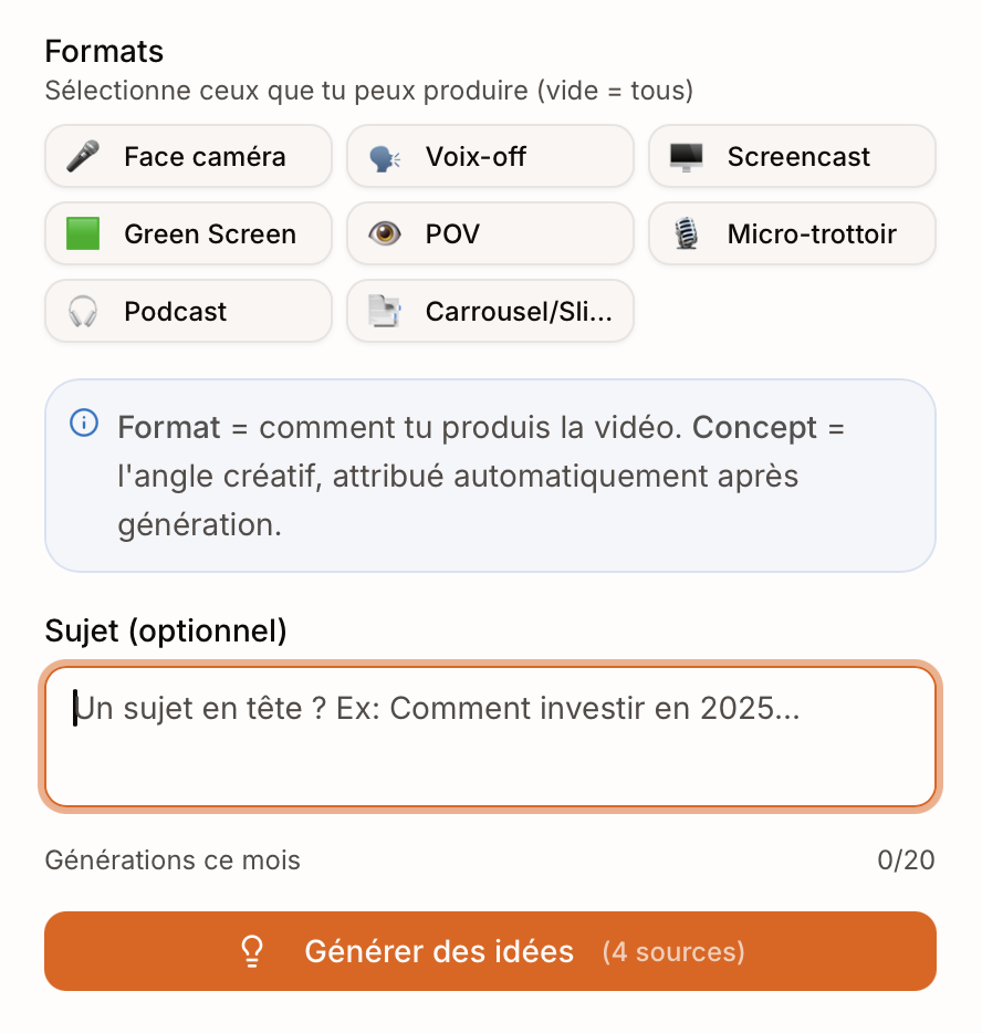 Capture d'écran de la fonctionnalité Idées de contenu — Vervox — étape 1