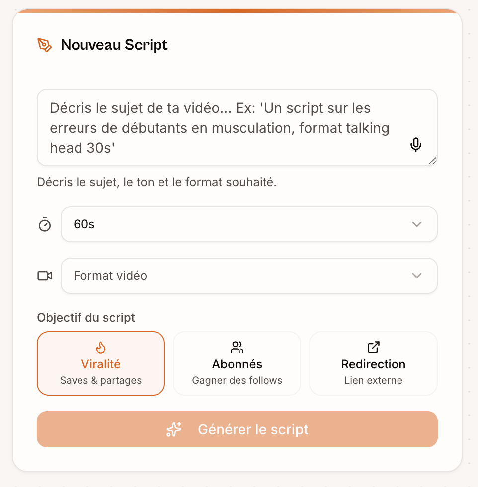 Capture d'écran de la fonctionnalité Scripts IA — Vervox — étape 1